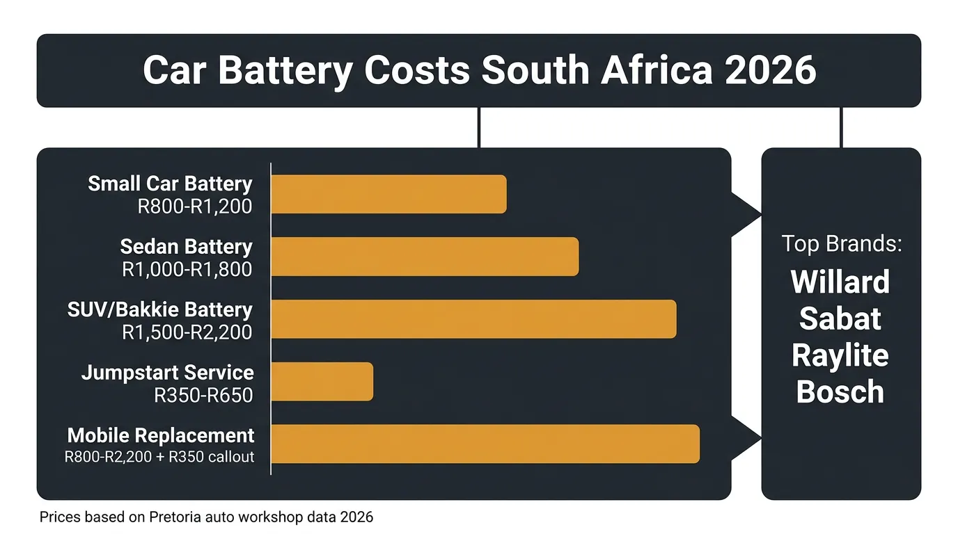 Infographic showing car battery replacement costs in South Africa by vehicle type
