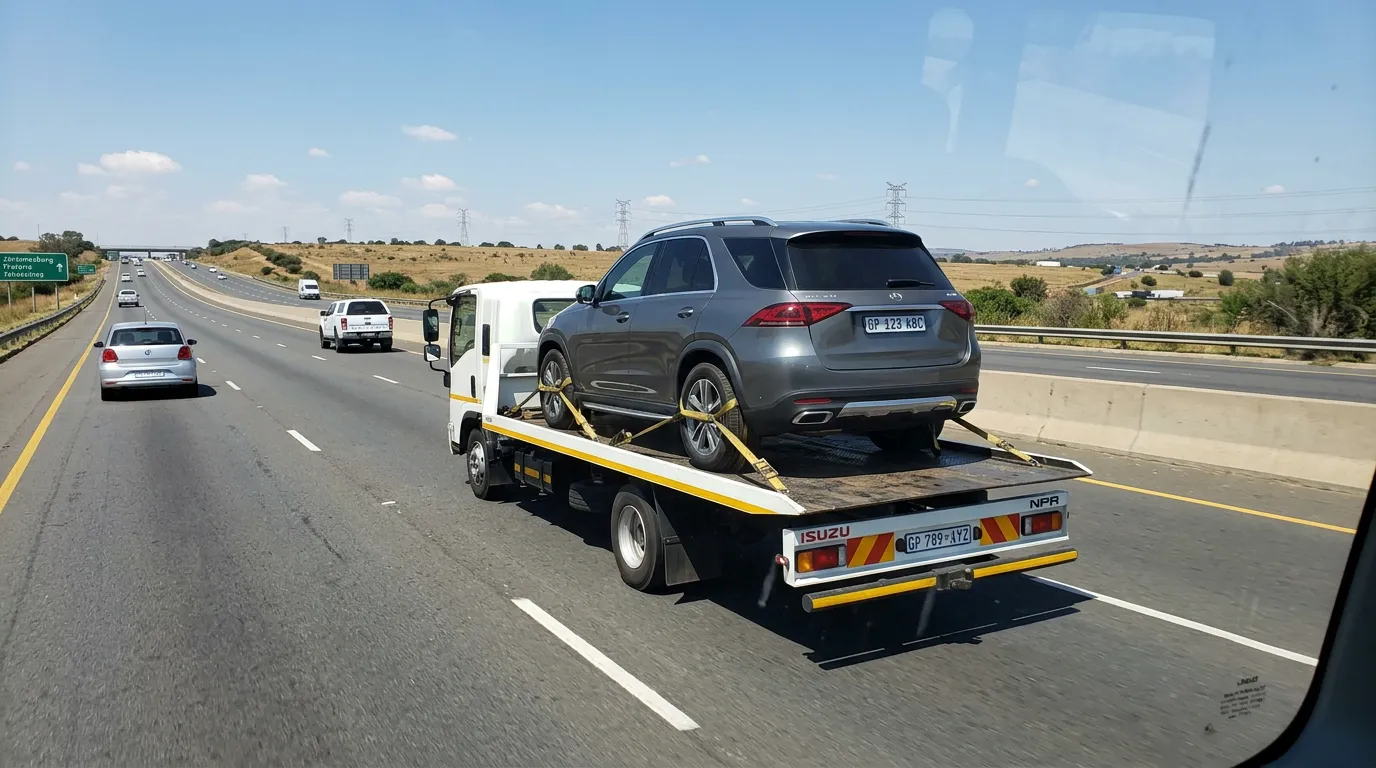Flatbed truck transporting a luxury SUV safely on the highway